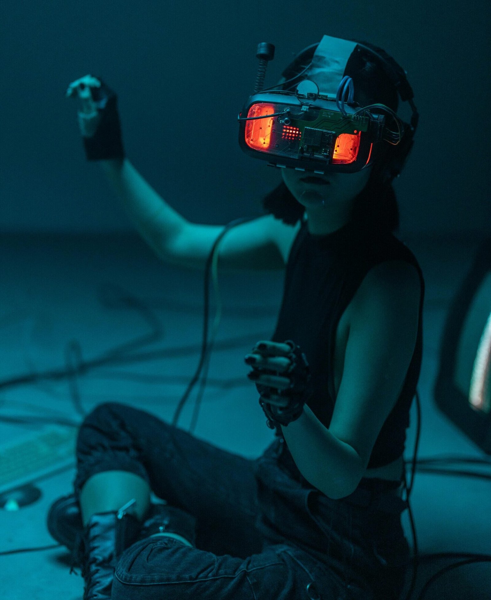 Woman exploring futuristic virtual reality with VR headset.