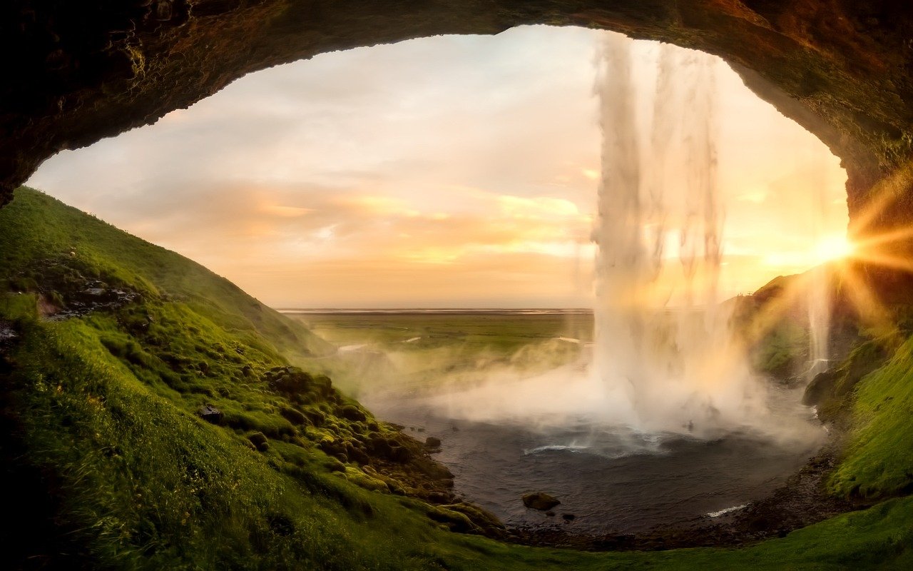 iceland, waterfall, seljalandsfoss, stream, water, falls, nature, landmark, attractions, arch, landscape, sunset, sunrise, cavern, cave, portal