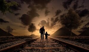 father and son, walking, railway, railroad, gravel, silhouettes, sunset, family, dusk, twilight, walking together, parent, fatherhood, parenthood, love, child, joy, childhood, father, boy, kid, together, railroad tracks, nature, adventure