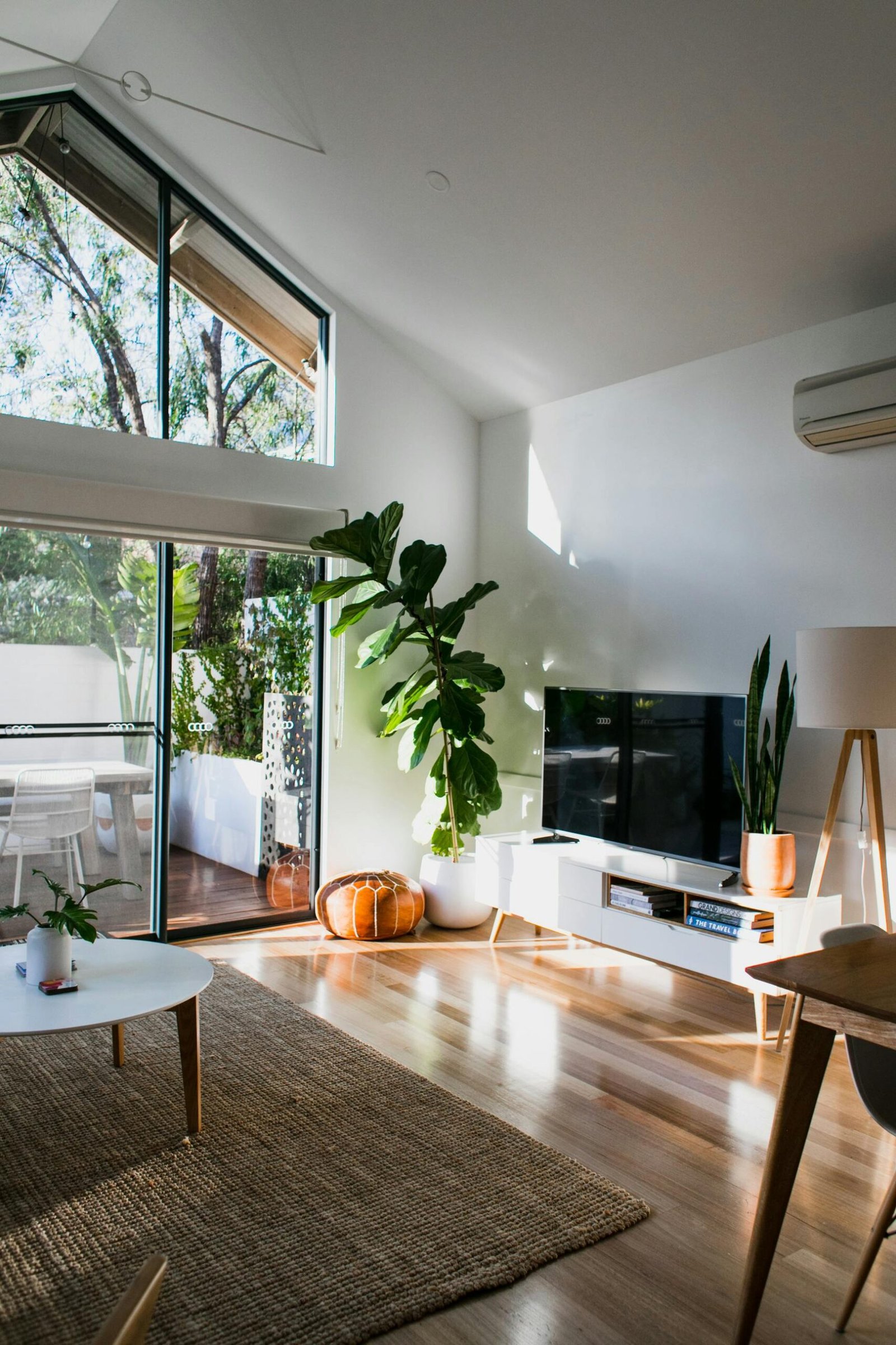 Spacious living room with side table placed on rug against TV and green potted plant in modern apartment with glass wall