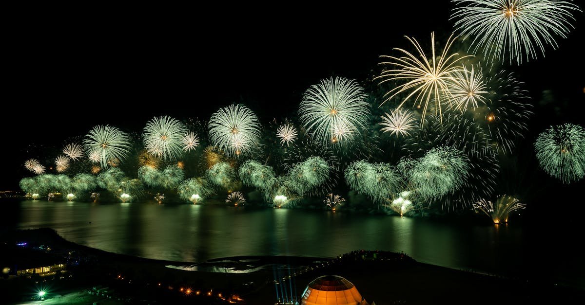 Stunning aerial view of a vibrant fireworks show over the waters of Ras Al Khaimah, UAE, illuminating the night sky.