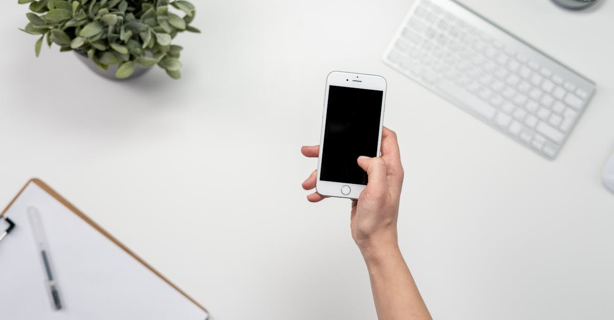 A clean and minimalist home office setup featuring a smartphone, keyboard, and plant.